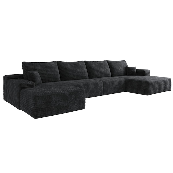 Homeroots 135" Black Corduroy Modular Compression Foam Sofa With Ottoman And Toss Pillows 712945 - main