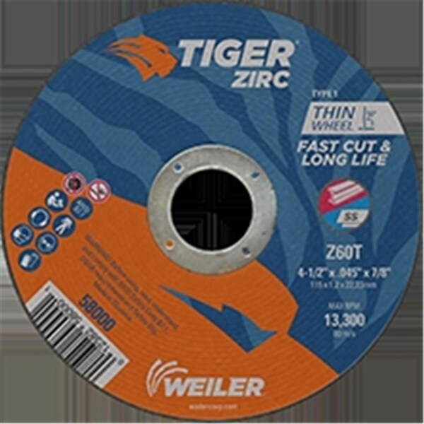 Weiler 4.5 x 0.045 in. Tiger Type 1 Cut-Off Wheel, Z60T, 0.87 in. A.H, 25PK 804-58000 - main