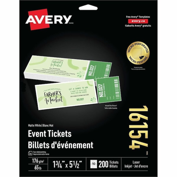 Avery Printable Tickets w/Tear-Away Stubs 16154, 8-1/2" x 11", Matte White, 200/Pack 16154 - main