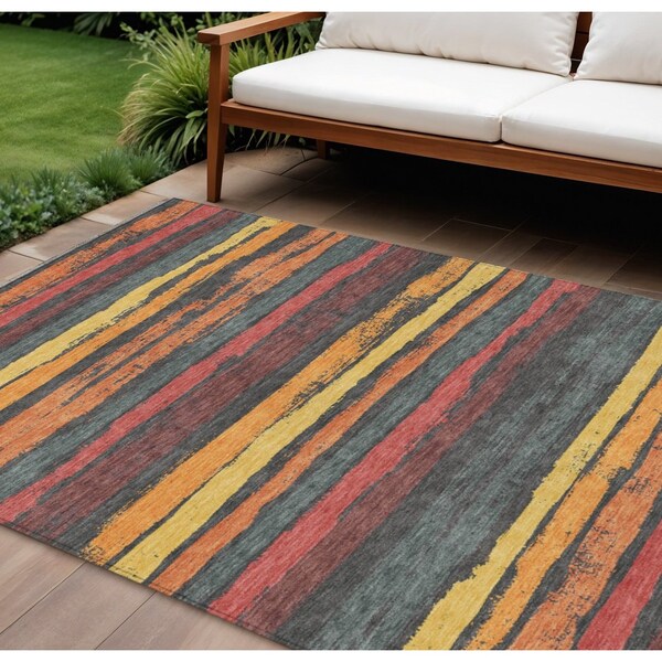 Homeroots 9' X 12' Granite Gray Copper And Yellow Striped Washable Indoor Outdoor Area Rug 598894 - main