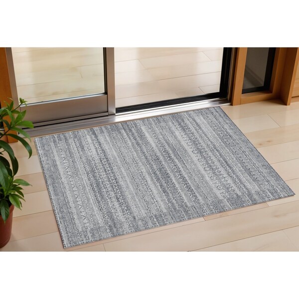 Homeroots 3' X 5' Gray And Silver Striped Washable Indoor Outdoor Area Rug 631497 - main