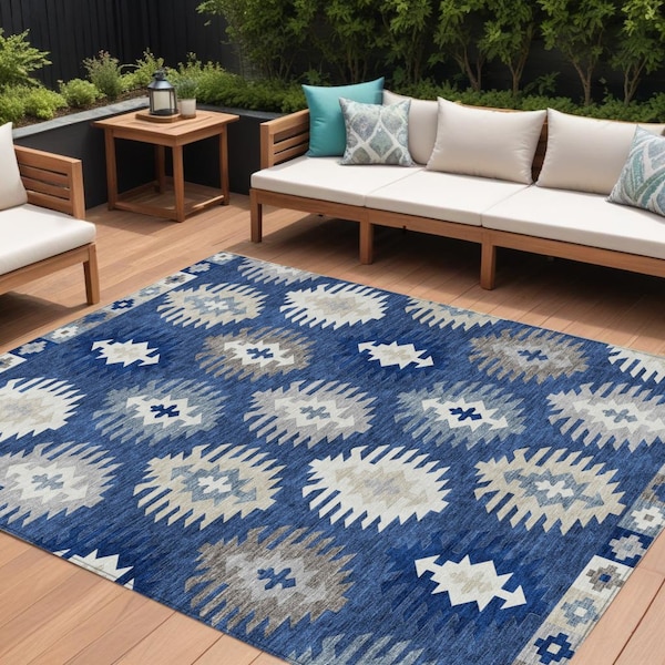 Homeroots 10' X 14' Navy Blue Ivory And Gray Southwestern Washable Indoor Outdoor Area Rug 615163 - main