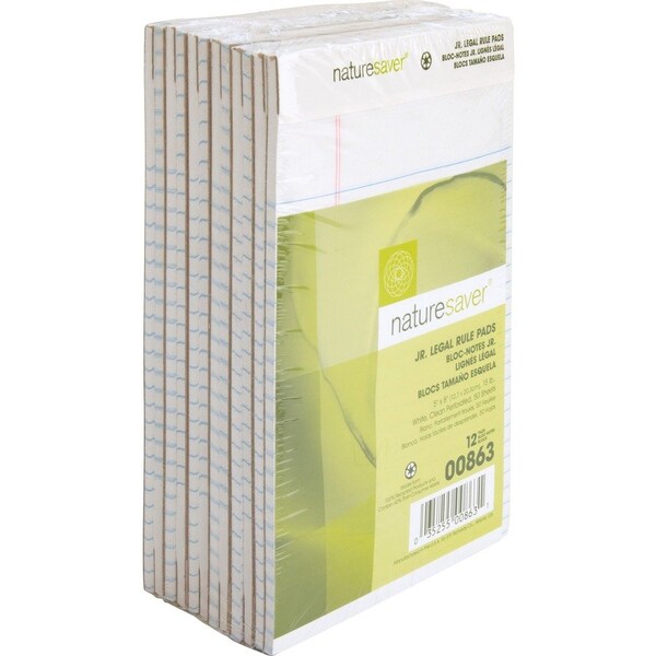 Nature Saver Jr. Legal Pads, Ruled, Recycled, 5inx8in, 50 Sheets, White, 12PK NAT00863 - main