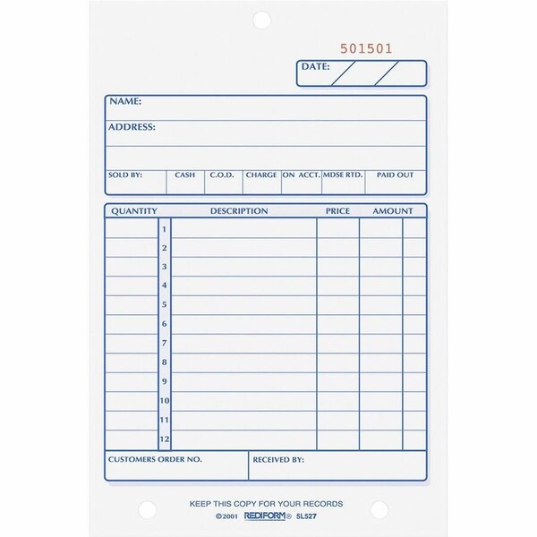 Rediform Sales Book, 2-Part, Carbonless, 4-1/4" x 6-3/8", 50 Sets/Book 5L527 - main