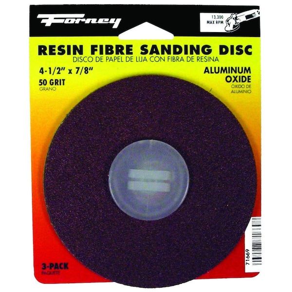 Forney Sanding Disc, 4-1/2 in Dia, 7/8 in Arbor, Coated, 50 Grit, Coarse, Aluminum Oxide Abrasive, 3PK 71669 - main