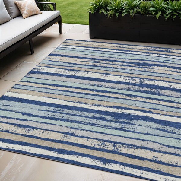 Homeroots 5' X 8' Navy Blue Beige And Ivory Striped Washable Indoor Outdoor Area Rug 598909 - main