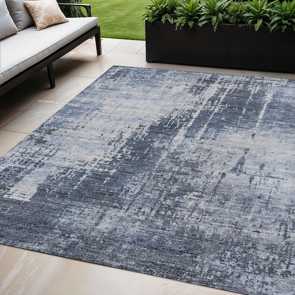 Homeroots 5' X 8' Navy Blue And Sky Blue Abstract Washable Indoor Outdoor Area Rug 587291 - main
