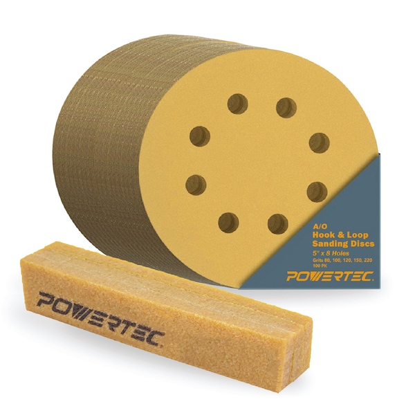 Powertec 5in 8 Hole Hook and Loop Sanding Discs, 80/100/120/150/220 Assorted Grit w/Abrasive Cleaning Stick 44055GN - main