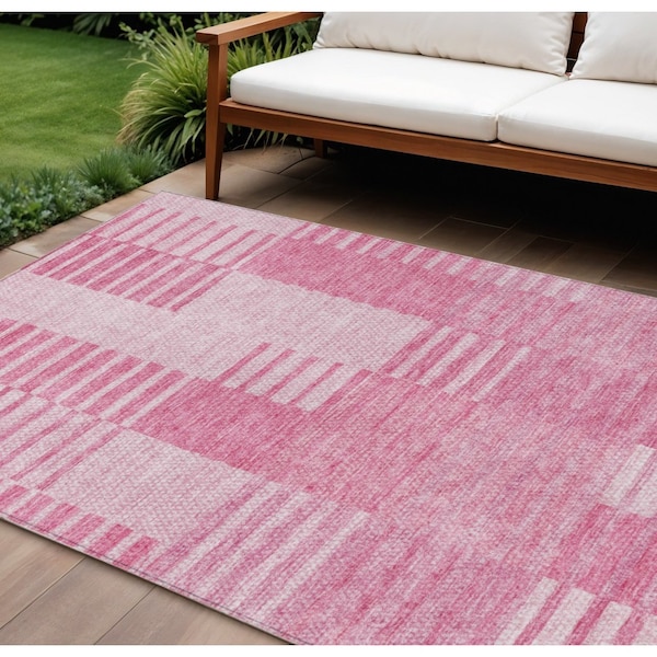 Homeroots 9' X 12' Pink And Blush Striped Washable Indoor Outdoor Area Rug 581663 - main