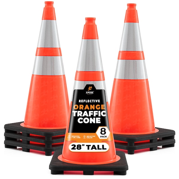 Xpose Safety Traffic Safety Cone, 28 in, PVC, Dual 6 in & 4 in Reflective Collar, DOT Approved, Orange, 8 pk OTC28-64-8-X - main