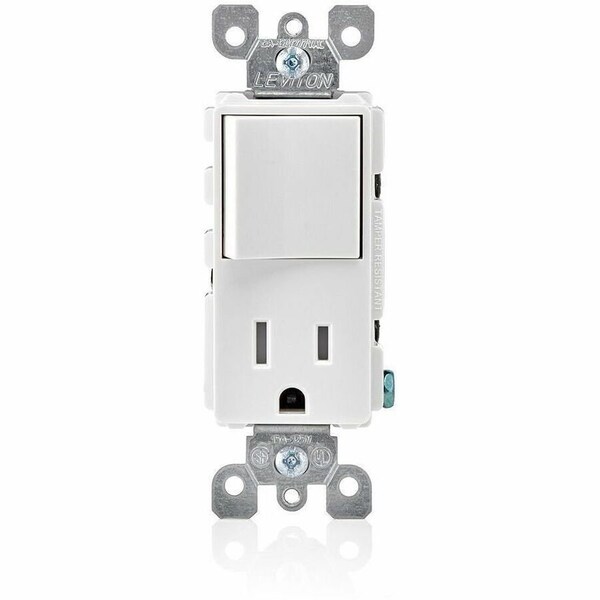 Leviton CombinationSwitch/Outlet, 15A, 1/2hp, White 5625-W - main