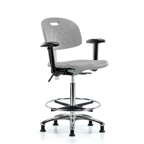 Blue Ridge Ergonomics CL100CleanRoom Chair-High Bench Ht with Adj Arms, Chrome Foot Ring, & Stationary Glides in Gray Poly CLR-HPHBCH-CR-T0-A1-CF-RG-GRY - main