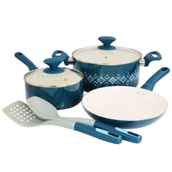 Spice By Tia Mowry Savory Saffron 7 Piece Nonstick Aluminum Cookware Set with Nylon Utensils in Teal 96237.07RR - main