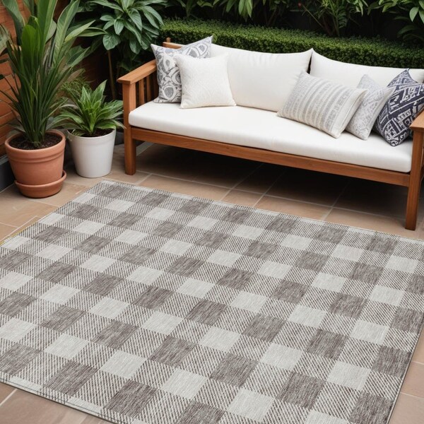 Homeroots 9' X 12' Taupe And Gray Plaid Washable Indoor Outdoor Area Rug 595449 - main