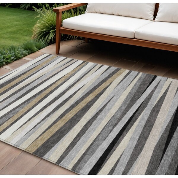 Homeroots 9' X 12' Gray Ivory And Beige Striped Washable Indoor Outdoor Area Rug 597329 - main