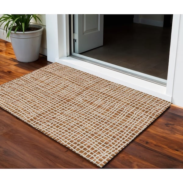 Homeroots 3' X 5' Orange Beige And Copper Striped Washable Indoor Outdoor Area Rug 583456 - main