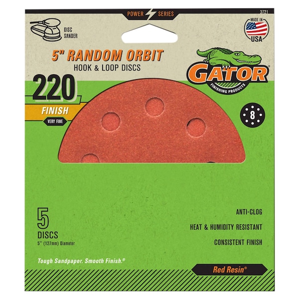 Gator Finishing Red Resin 5 in. Random Orbit Hook and Loop Sanding Discs, 220 Grit, Very Fine, 5PK 3721 - main