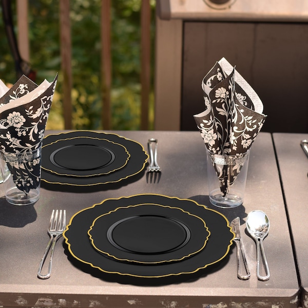 Smarty Had A Party 7.5" Black with Gold Rim Round Blossom Disposable Plastic Appetizer/Salad Plates (120 Plates), 120PK 4847BG-CASE - main
