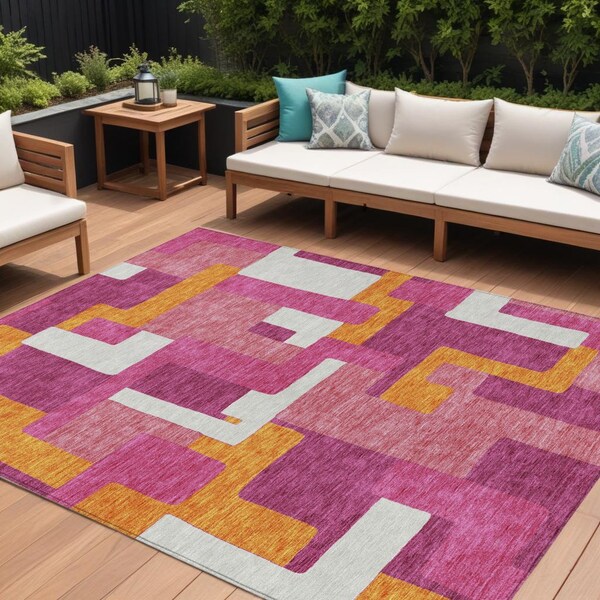 Homeroots 8' X 10' Pink Ivory And Orange Geometric Washable Indoor Outdoor Area Rug 613226 - main