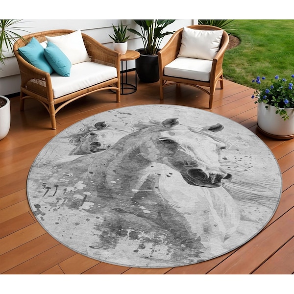 Homeroots 8' Gray And Silver Round Horse Washable Indoor Outdoor Area Rug 618681 - main