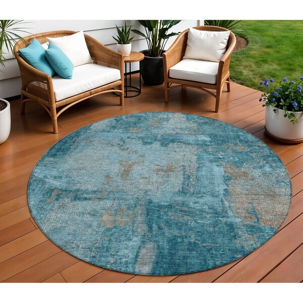 Homeroots 8' Teal Blue And Gray Round Abstract Washable Indoor Outdoor Area Rug 596892 - main