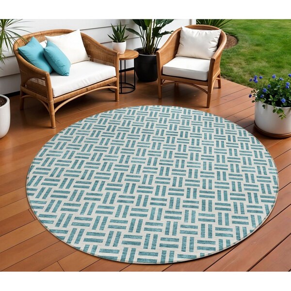 Homeroots 8' Teal Blue And Ivory Round Geometric Washable Indoor Outdoor Area Rug 614781 - main