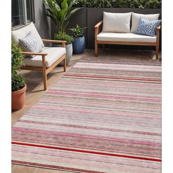 Homeroots 5' X 8' Pink Blush And Burgundy Striped Washable Indoor Outdoor Area Rug 614822 - main