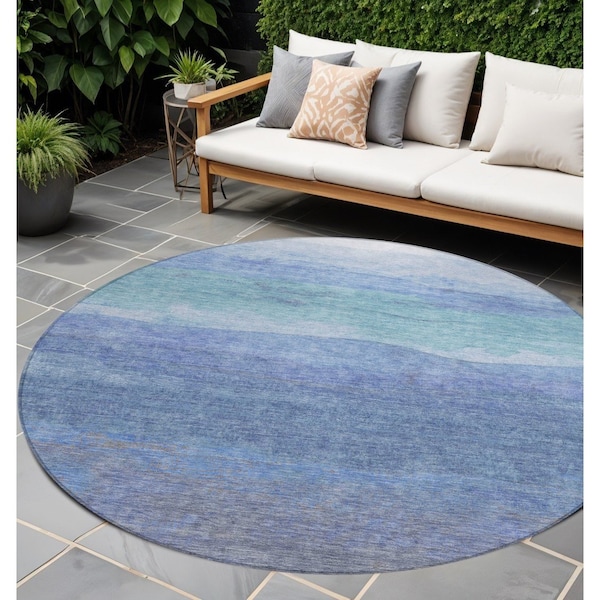 Homeroots 8' Blue Teal Blue And Sky Blue Round Abstract Washable Indoor Outdoor Area Rug 618138 - main