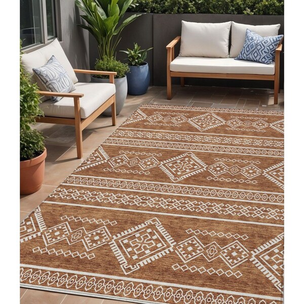 Homeroots 5' X 8' Orange And Ivory Southwestern Washable Indoor Outdoor Area Rug 593709 - main