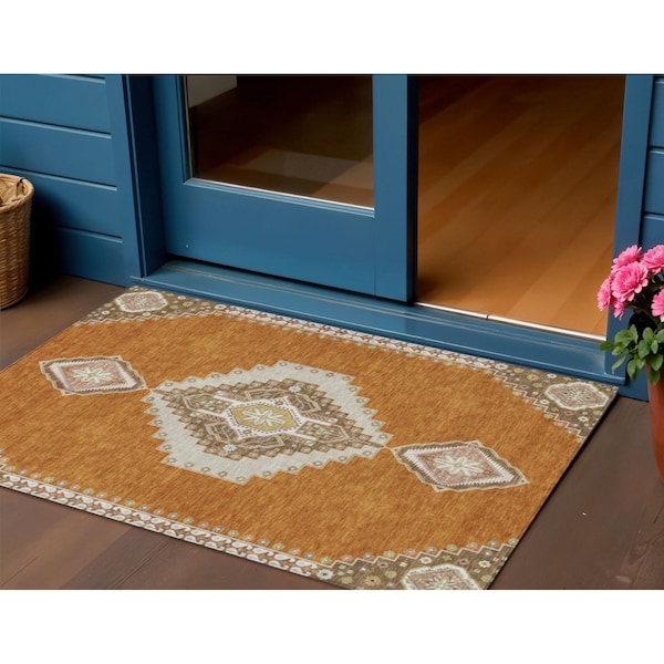 Homeroots 3' X 5' Copper Brown And Ivory Oriental Washable Indoor Outdoor Area Rug 598394 - main