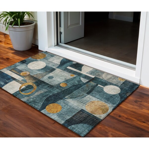 Homeroots 3' X 5' Teal Blue Ivory And Gold Geometric Washable Indoor Outdoor Area Rug 604506 - main