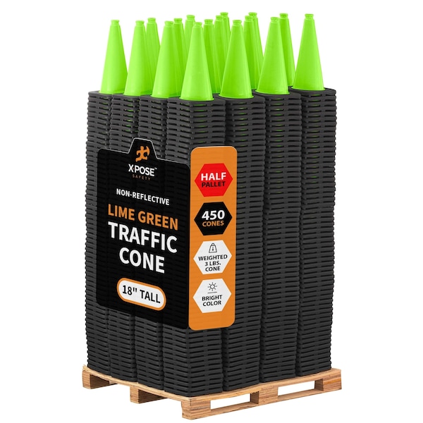 Xpose Safety Traffic Safety Cone, 18 in, Premium PVC, No Collar, Lime Green, Bulk Half Pallet (450), PK450 LTC18-HP450-X - main