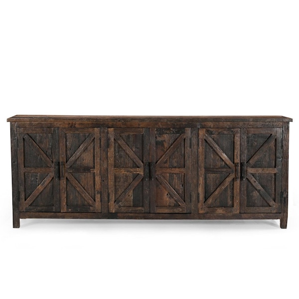 Homeroots 84in Dark Brown Distressed Reclaimed Wood Paneled Sideboard with Six Doors 521423 - main
