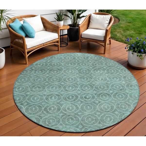 Homeroots 8' Teal Blue Round Geometric Washable Indoor Outdoor Area Rug 607508 - main