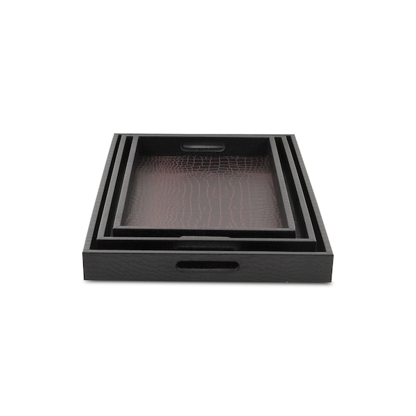 Homeroots Set Of Three 23in Brown Rectangular Faux Snakeskin Tray With Handles 483312 - main