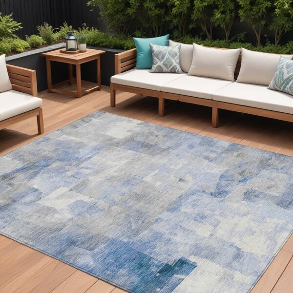 Homeroots 9' X 12' Denim Blue Gray And Ivory Abstract Washable Indoor Outdoor Area Rug 618086 - main
