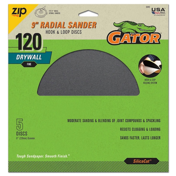 Gator Finishing SilicaCut 9 in. Radial Sander Drywall Hoop and Loop Discs, 120 Grit, Fine, 5PK 6442GA - main
