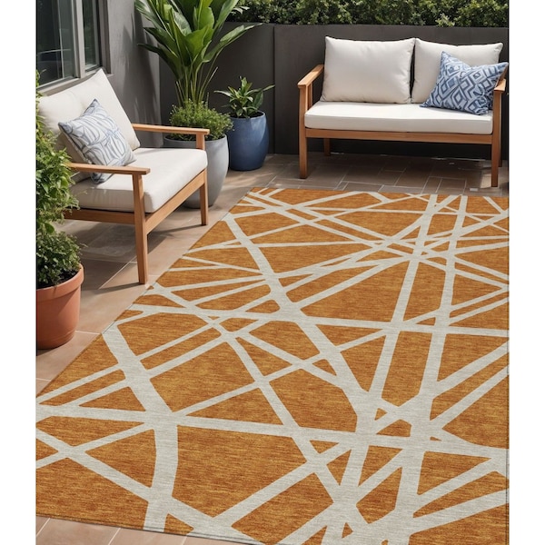 Homeroots 5' X 8' Copper And Beige Geometric Washable Indoor Outdoor Area Rug 600433 - main