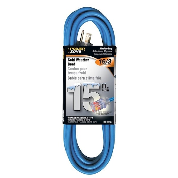 Powerzone Cold Weather Extension Cord, 16 AWG, Outdoor, 5-15R, 5-15P, 15 ft ORCW511615 - main