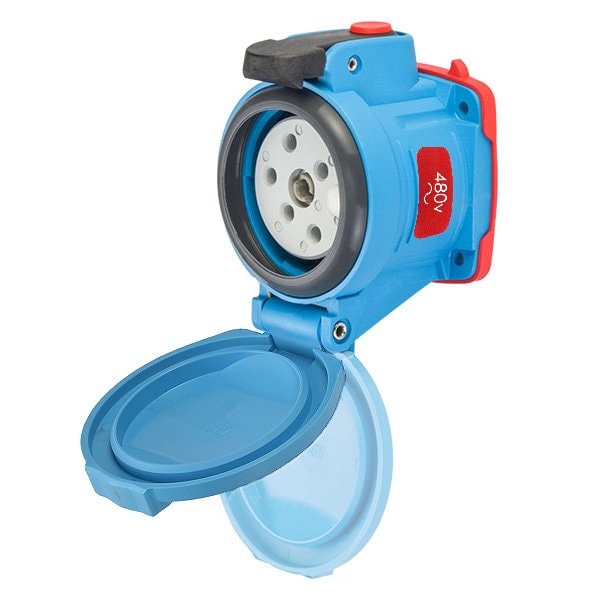 Meltric DSN30 RECEPTACLE POLY BLUE SIZE 2 TYPE 4X IP 69 3P+G 30 A 480 VAC 60 Hz +2 AUX PADLOCK PAWL 63-34043-972-843 - main