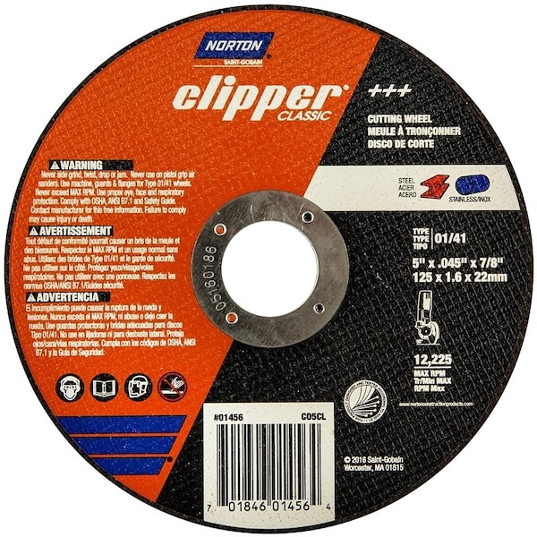 Norton Clipper Abrasive Cut-Off Wheel, Type 1, 5 in Dia, 0.045 in Thick, 7/8 in Arbor Hole Size, Aluminum Oxide 70184601456 - main