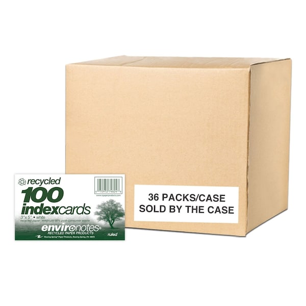 Roaring Spring Case of Recycled Index Cards 3"x5", 100 per pack, White Paper, Ruled on Front, Blank on Back 74824cs - main