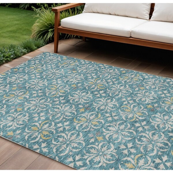 Homeroots 8' X 10' Teal Blue Gray And Gold Floral Washable Indoor Outdoor Area Rug 595994 - main
