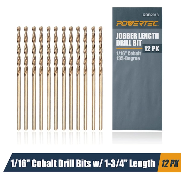Powertec 1/16" Cobalt Drill Bits - 1-3/4" Length - M35 HSS Jobber Length Twist Bits with 135 Deg Tip, 12PK QDB2013 - main