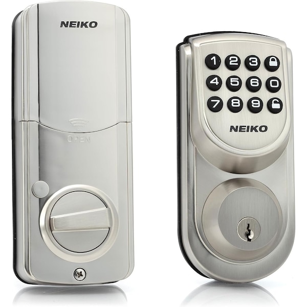 Neiko Keyless Electronic Deadbolt Door Lock, Brushed Silver, Battery Powered, 2 Keys Included 52909A - main