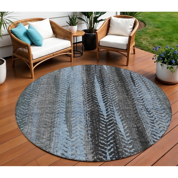 Homeroots 8' Blue Gray And Charcoal Round Botanical Leaves Washable Indoor Outdoor Area Rug 581938 - main