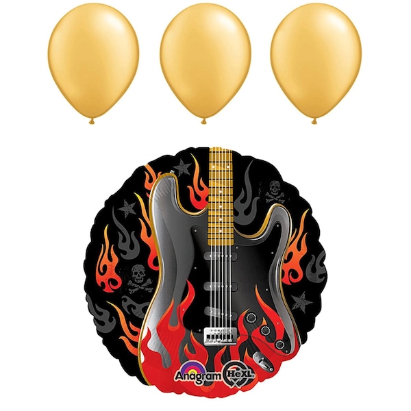 Loonballoon Music Balloons, 18 inch ROCKSTAR - ROCK ON GUITAR balloon, 3 Gold Latex Set LOON-LAB-85157-B-U - main