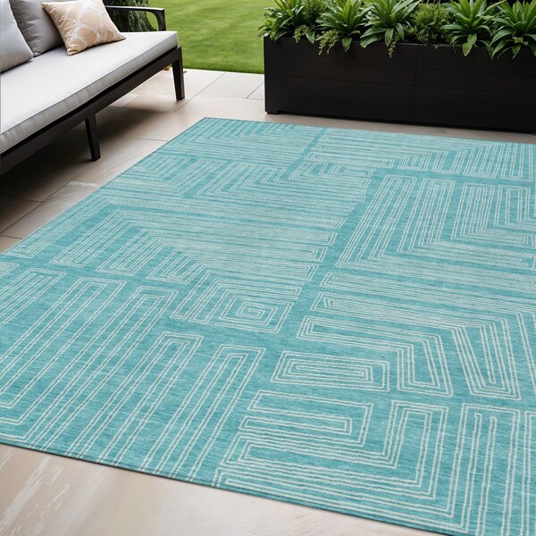 Homeroots 5' X 8' Turquoise And Ivory Geometric Washable Indoor Outdoor Area Rug 600865 - main