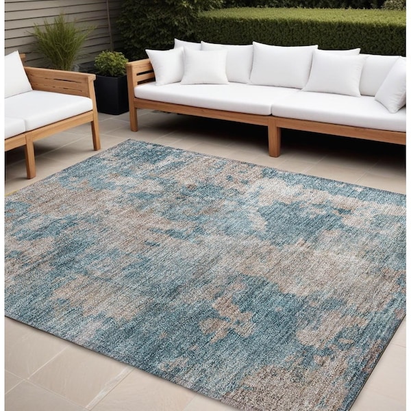 Homeroots 9' X 12' Teal and Taupe Abstract Washable Non Skid Indoor Outdoor Area Rug 564294 - main