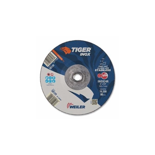 Weiler Tiger Inox Grinding Wheel, 6 in dia, 1/4 in Thick, 7/8 in Arbor, 24 Grit, 10PK 804-58128 - main